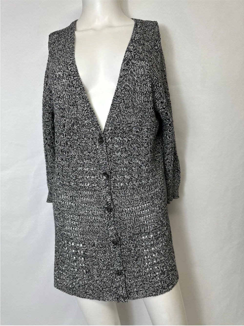 DKNY Marled Gray Open-Knit Button Front Cardigan